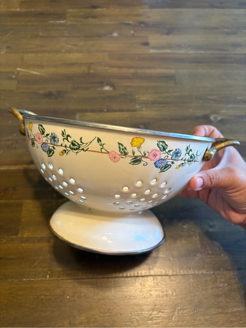 Vintage Enamelware Pedestal Colander Floral French Country Cottagecore Shabby